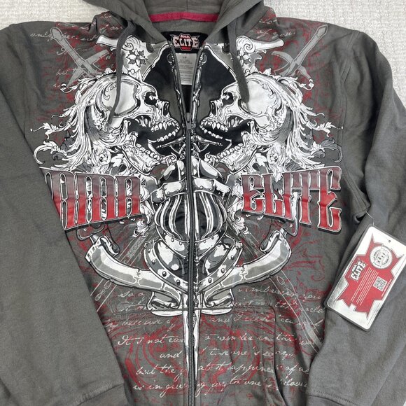 NWT MMA Elite Hoodie Gray Full Zip Up Small Y2K Goth Skull Punk Affliction Style - Picture 9 of 16